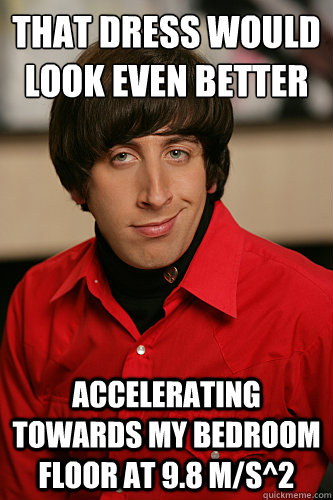 That dress would look even better accelerating towards my bedroom floor at 9.8 m/s^2  Howard Wolowitz