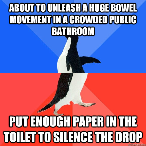 About to unleash a huge bowel movement in a crowded public bathroom Put enough paper in the toilet to silence the drop  Socially Awkward Awesome Penguin