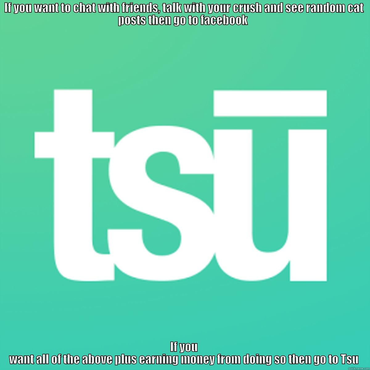 IF YOU WANT TO CHAT WITH FRIENDS, TALK WITH YOUR CRUSH AND SEE RANDOM CAT POSTS THEN GO TO FACEBOOK  IF YOU WANT ALL OF THE ABOVE PLUS EARNING MONEY FROM DOING SO THEN GO TO TSU Misc