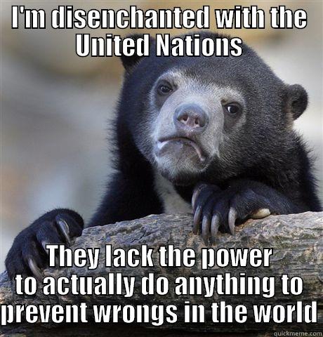 I'M DISENCHANTED WITH THE UNITED NATIONS THEY LACK THE POWER TO ACTUALLY DO ANYTHING TO PREVENT WRONGS IN THE WORLD Confession Bear