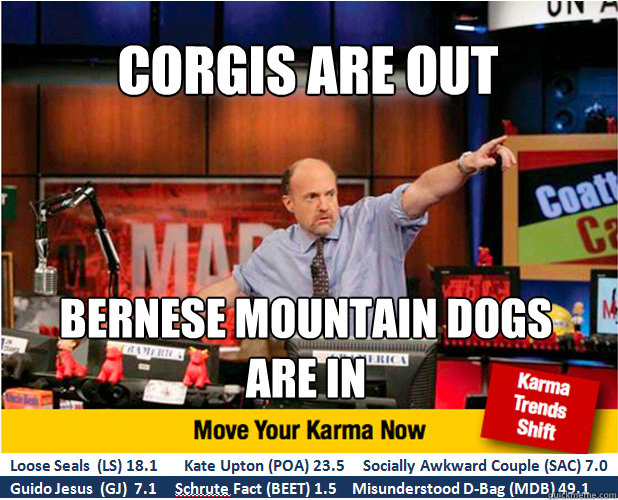 corgis are out bernese mountain dogs 
are in  Jim Kramer with updated ticker