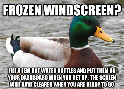 Frozen windscreen? Fill a few hot water bottles and put them on your dashboard when you get up , the screen will have cleared when you are ready to go  Actual Advice Mallard