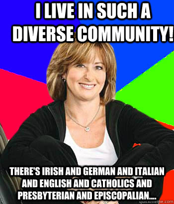 I live in such a diverse community! There's Irish and german and italian and english and catholics and presbyterian and episcopalian.... - I live in such a diverse community! There's Irish and german and italian and english and catholics and presbyterian and episcopalian....  Sheltering Suburban Mom