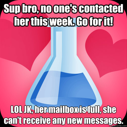 Sup bro, no one's contacted her this week. Go for it! LOL JK, her mailbox is full, she can’t receive any new messages.  - Sup bro, no one's contacted her this week. Go for it! LOL JK, her mailbox is full, she can’t receive any new messages.   Scumbag OKCupid