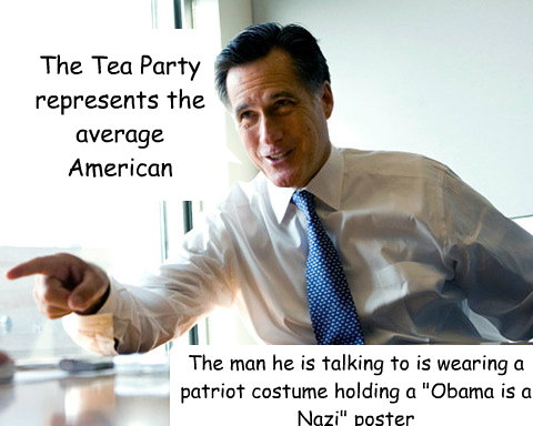 The Tea Party represents the average American The man he is talking to is wearing a patriot costume holding a 