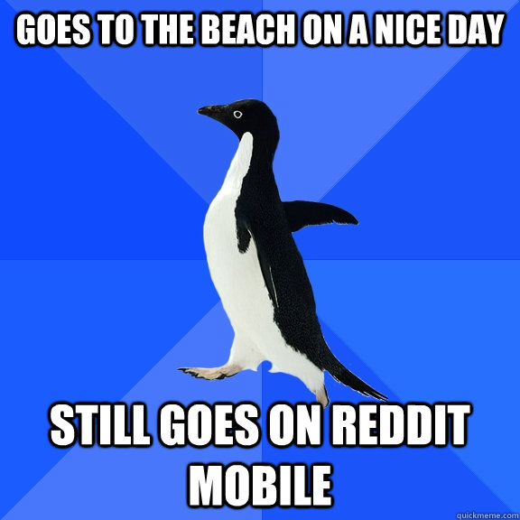 Goes to the beach on a nice day still goes on reddit mobile  Socially Awkward Penguin