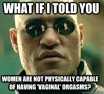 what if i told you women are not physically capable of having 'vaginal' orgasms?  Matrix Morpheus
