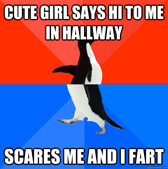 Cute girl says hi to me in hallway scares me and i fart  Socially Awesome Awkward Penguin