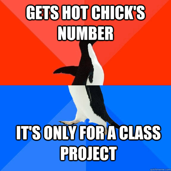 gets hot chick's number it's only for a class project  Socially Awesome Awkward Penguin