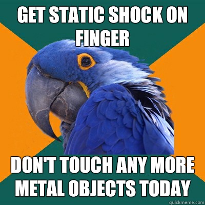 Get static shock on finger Don't touch any more metal objects today  Paranoid Parrot