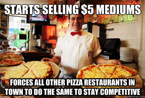 Starts selling $5 Mediums  Forces all other pizza restaurants in town to do the same to stay competitive - Starts selling $5 Mediums  Forces all other pizza restaurants in town to do the same to stay competitive  Good Guy Local Pizza Shop Owner