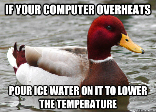 If your computer overheats pour ice water on it to lower the temperature  Malicious Advice Mallard