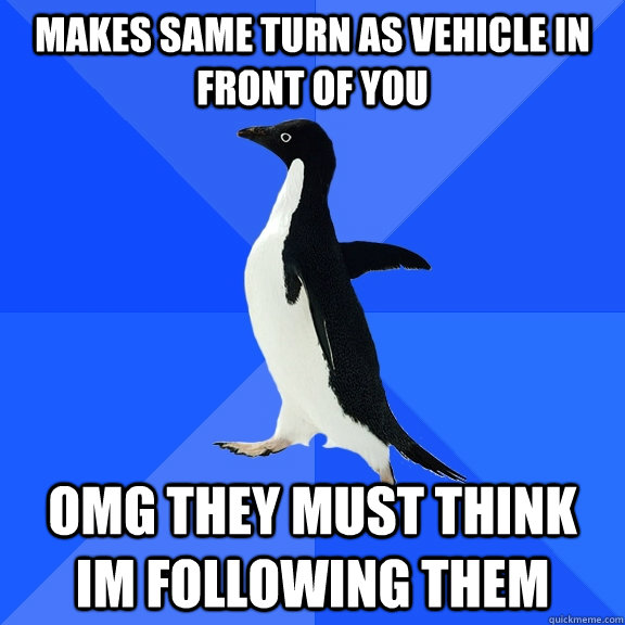 Makes same turn as vehicle in front of you OMG they must think im following them  Socially Awkward Penguin