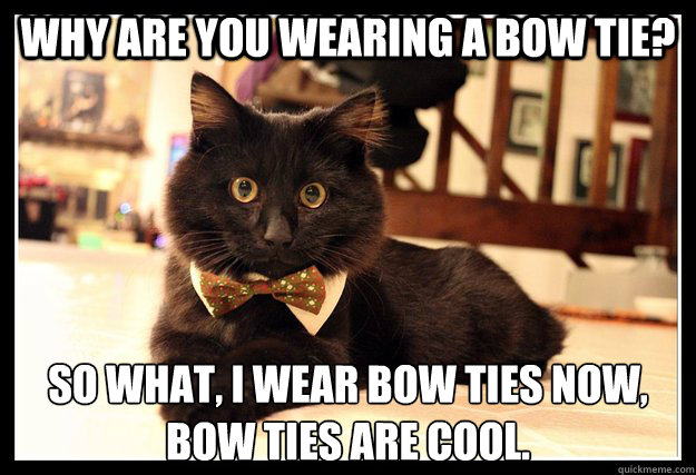 Why are you wearing a bow tie? So what, I wear bow ties now, 
bow ties are cool. - Why are you wearing a bow tie? So what, I wear bow ties now, 
bow ties are cool.  Fancy Cat