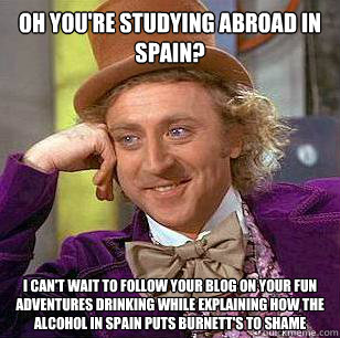 oh you're studying abroad in spain? i can't wait to follow your blog on your fun adventures drinking while explaining how the alcohol in spain puts burnett's to shame  Condescending Wonka