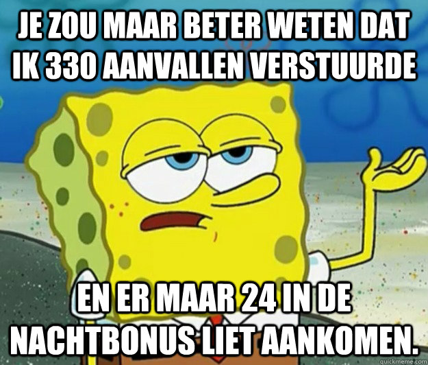 Je zou maar beter weten dat ik 330 aanvallen verstuurde En er maar 24 in de nachtbonus liet aankomen. - Je zou maar beter weten dat ik 330 aanvallen verstuurde En er maar 24 in de nachtbonus liet aankomen.  Tough Spongebob