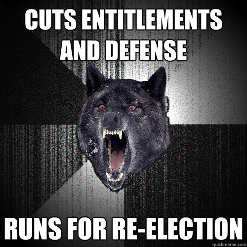 cuts entitlements and defense runs for re-election  Insanity Wolf