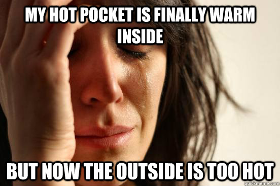 my hot pocket is finally warm inside but now the outside is too hot  First World Problems