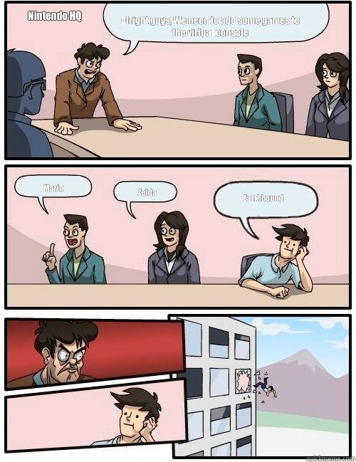 Alright guys, We need to add some games to the virtual console Mario Zelda Earthbound Nintendo HQ  Boardroom Suggestion