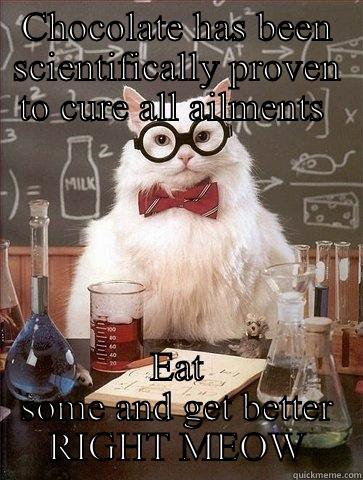CHOCOLATE HAS BEEN SCIENTIFICALLY PROVEN TO CURE ALL AILMENTS  EAT SOME AND GET BETTER RIGHT MEOW Chemistry Cat