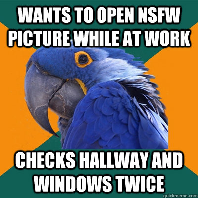 Wants to open NSFW picture while at work checks hallway and windows twice  Paranoid Parrot