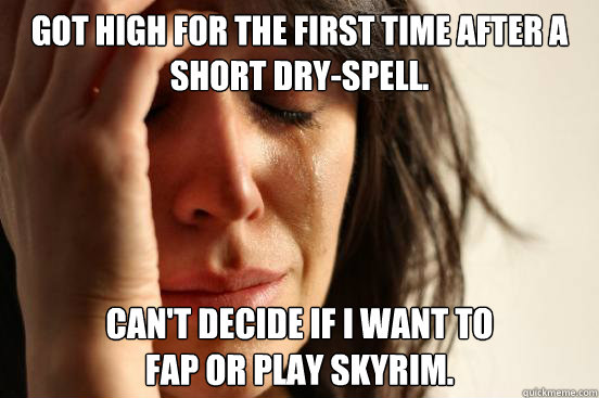 Got high for the first time after a short dry-spell. Can't decide if i want to 
fap or play skyrim.  First World Problems