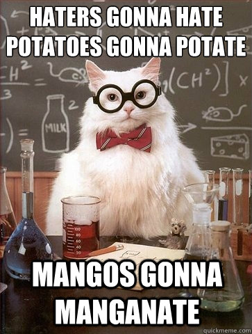 HATERS GONNA HATE
POTATOES GONNA POTATE MANGOS GONNA MANGANATE   Chemistry Cat