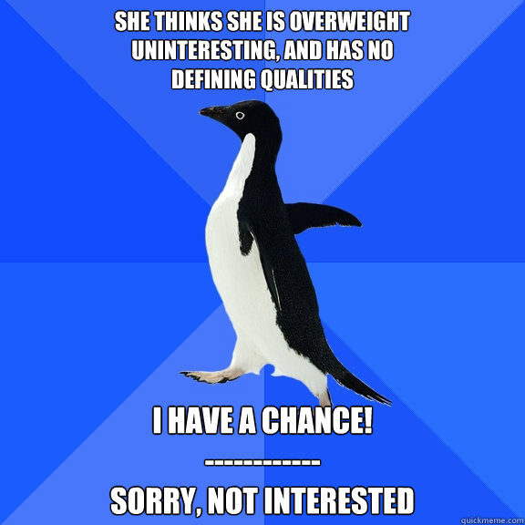 She thinks she is overweight
uninteresting, and has no
defining qualities I have a chance!
------------
Sorry, not interested  Socially Awkward Penguin
