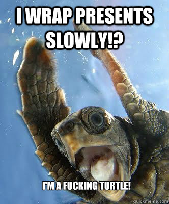 I wrap presents slowly!? I'm a fucking turtle!  