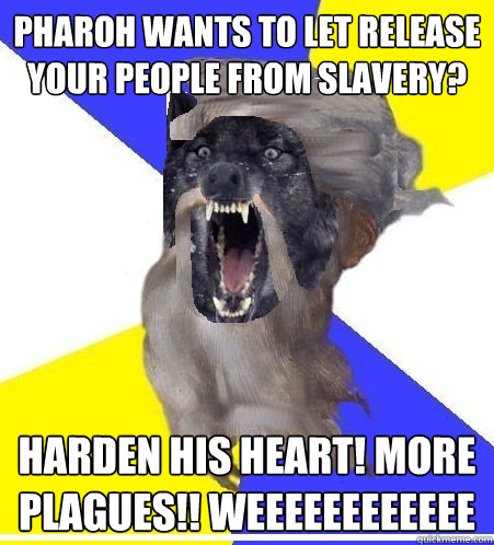 Pharoh wants to let release your people from slavery? HARDEN HIS HEART! MORE PLAGUES!! WEEEEEEEEEEEE  Insanity God