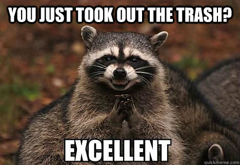 you just took out the trash?  - you just took out the trash?   evil racoon
