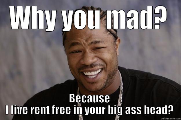 why you mad? - WHY YOU MAD? BECAUSE I LIVE RENT FREE IN YOUR BIG ASS HEAD? Xzibit meme