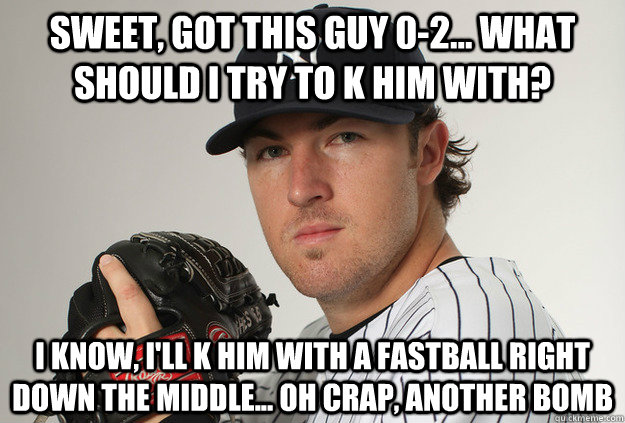 Sweet, got this guy 0-2... WHat should I try to K him with? I know, I'll K him with a fastball right down the middle... OH CRAP, another BOMB - Sweet, got this guy 0-2... WHat should I try to K him with? I know, I'll K him with a fastball right down the middle... OH CRAP, another BOMB  Phil Hughes Sucks