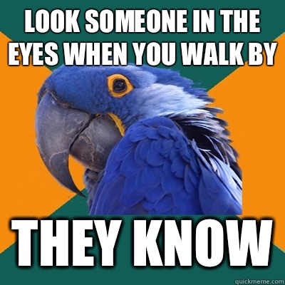 Look someone in the eyes when you walk by They know  Paranoid Parrot