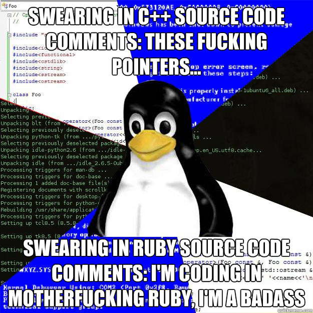 Swearing in C++ source code comments: These fucking pointers... Swearing in Ruby source code comments: I'm coding in motherfucking Ruby, I'm a badass  Computer Science Penguin