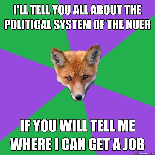 I'll tell you all about the political system of the nuer If you will tell me where I can get a job - I'll tell you all about the political system of the nuer If you will tell me where I can get a job  Anthropology Major Fox