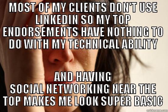 Young IT problems - MOST OF MY CLIENTS DON'T USE LINKEDIN SO MY TOP ENDORSEMENTS HAVE NOTHING TO DO WITH MY TECHNICAL ABILITY AND HAVING SOCIAL NETWORKING NEAR THE TOP MAKES ME LOOK SUPER BASIC First World Problems