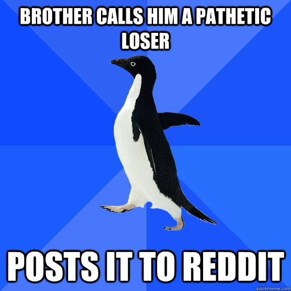 Brother calls him a pathetic loser Posts it to Reddit  Socially Awkward Penguin