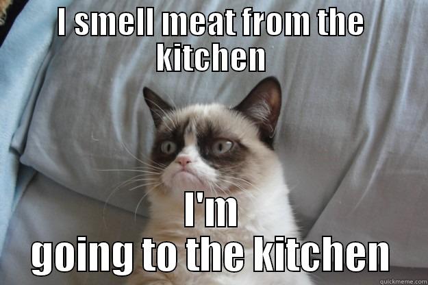 I SMELL MEAT FROM THE KITCHEN I'M GOING TO THE KITCHEN Grumpy Cat
