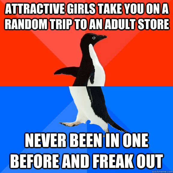 Attractive girls take you on a random trip to an adult store Never been in one before and freak out  Socially Awesome Awkward Penguin