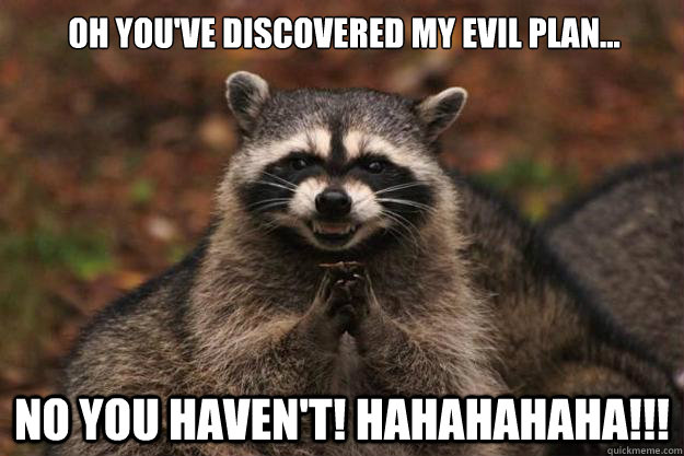 Oh you've discovered my evil plan... No you haven't! HAHAHAHAHA!!!  Evil Plotting Raccoon