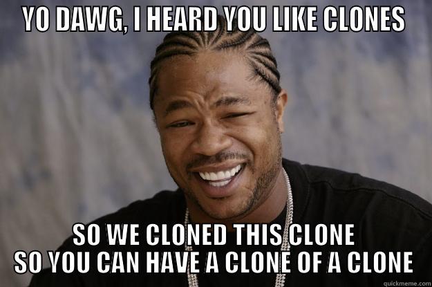 YO DAWG, I HEARD YOU LIKE CLONES SO WE CLONED THIS CLONE SO YOU CAN HAVE A CLONE OF A CLONE Xzibit meme