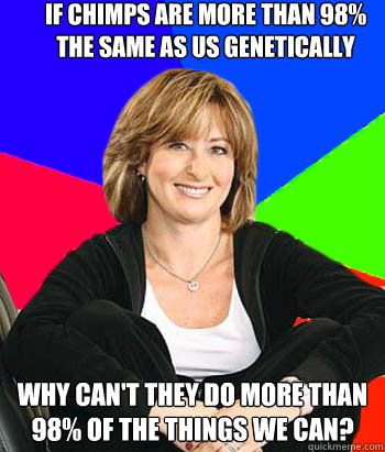 If Chimps are more than 98% the same as us genetically Why can't they do more than 98% of the things we can? - If Chimps are more than 98% the same as us genetically Why can't they do more than 98% of the things we can?  Sheltering Suburban Mom