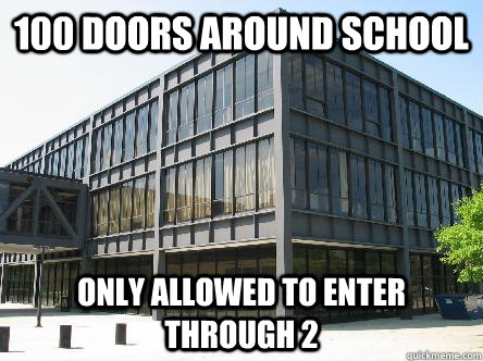 100 doors around school only allowed to enter through 2  
