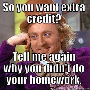SO YOU WANT EXTRA CREDIT? TELL ME AGAIN WHY YOU DIDN'T DO YOUR HOMEWORK. Condescending Wonka
