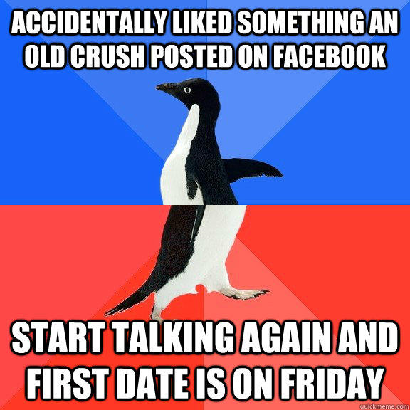 accidentally liked something an old crush posted on facebook start talking again and first date is on friday - accidentally liked something an old crush posted on facebook start talking again and first date is on friday  Socially Awkward Awesome Penguin