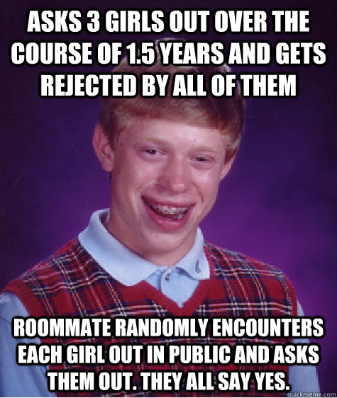 Asks 3 girls out over the course of 1.5 years and gets rejected by all of them Roommate randomly encounters each girl out in public and asks them out. They all say yes.  Bad Luck Brian