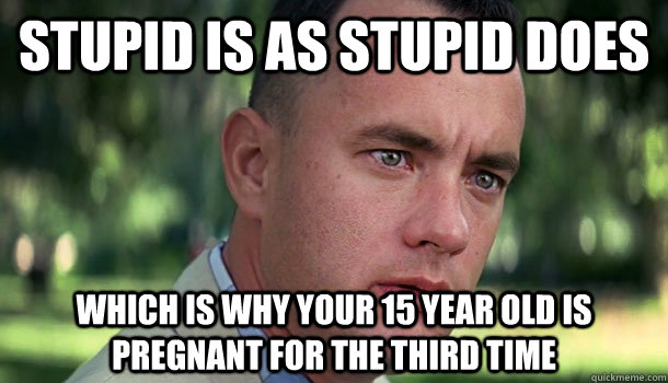 Stupid is as stupid does Which is why your 15 year old is pregnant for the third time  