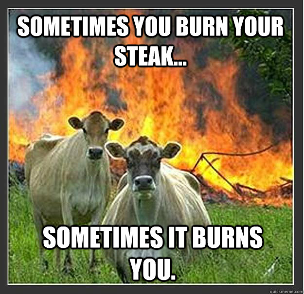 Sometimes you burn your steak... Sometimes it burns you.   Evil cows