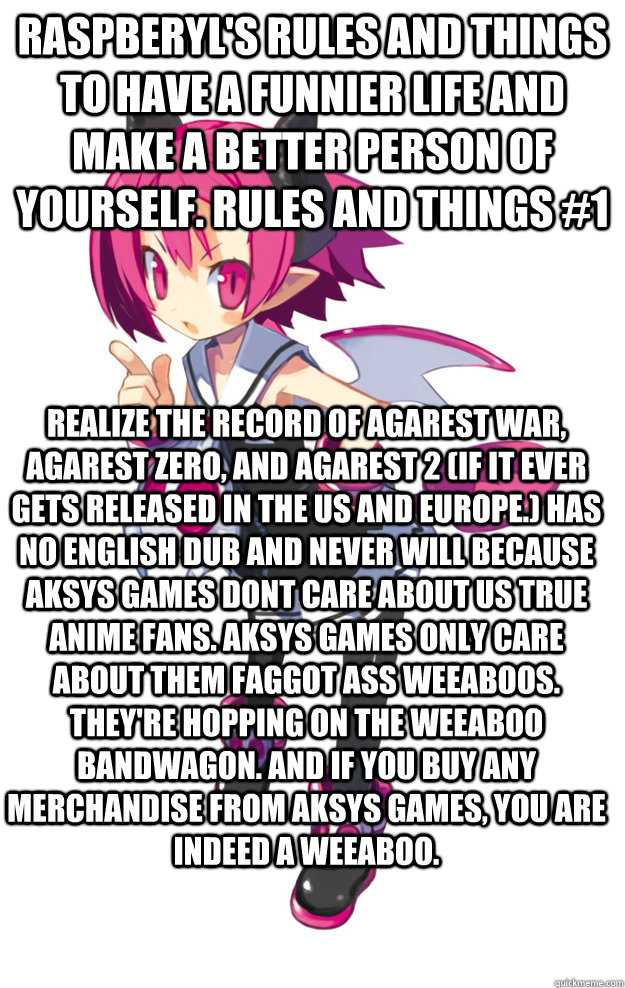 raspberyl's rules and things to have a funnier life and make a better person of yourself. rules and things #1 realize the record of agarest war, agarest zero, and agarest 2 (if it ever gets released in the us and europe.) has no english dub and never will  